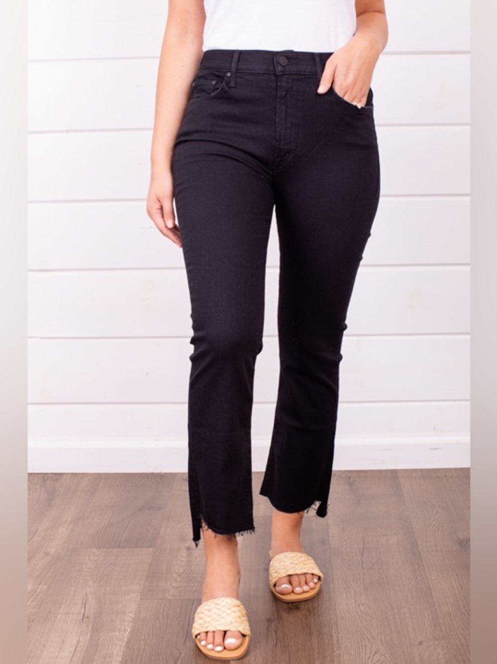 MOTHER Denim The Insider High Rise Crop Step Fray Bootcut Jeans in Not Guilty